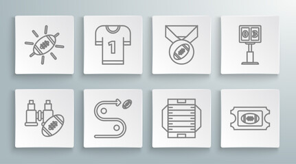 Set line Binoculars and american football ball, American jersey, Planning strategy concept, field, Football ticket, with medal, Sport mechanical scoreboard result display and icon. Vector