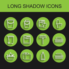 Set line Plastic bottles for liquid dishwashing liquid, Toilet paper roll, Bucket, Brush cleaning, Washer, and Squeegee, scraper, wiper icon. Vector