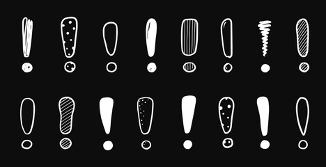 Hand drawn exclamation mark set. Scribble chalkboard doodle exclamation point sign. Hand drawn sketch danger information sign. Vector illustration.