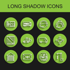 Set line Closed warehouse, Envelope, Postcard, Pizza in cardboard box, Harbor port crane, Forklift truck, Cardboard with traffic symbol and Delivery cargo vehicle icon. Vector