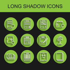 Set line Stacks paper money cash, Report file document, Smartphone insurance, Certificate template, Clean, Filled form, Scales of justice and Blank notebook and pen icon. Vector