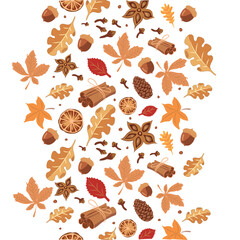 Vector autumn pattern with yellow maple leaves, apricot, spice, paca, chokeberry and rowan, acorn isolated on white background.