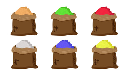 A set of sacks with Indian spices of different colors. Ingredients for food and herbs plants in bags icons. Cartoon powder in bags isolated on white background collection vector illustration.
