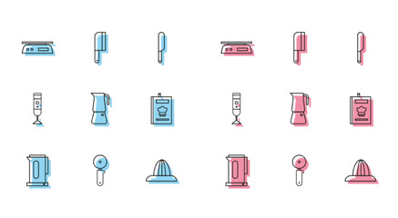 Set line Kettle with handle, Pizza knife, Electronic scales, Citrus fruit juicer, Moka pot, Cookbook, Blender and Meat chopper icon. Vector
