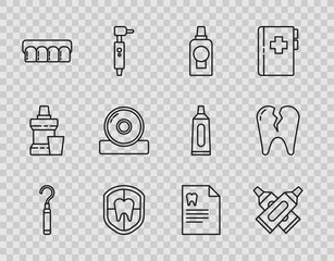 Set line Dental explorer scaler for teeth, Mouthwash plastic bottle, protection, Dentures model, Otolaryngological head reflector, Clipboard with dental card and Broken icon. Vector