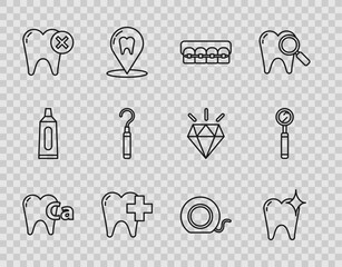 Set line Calcium for tooth, Tooth whitening concept, Teeth with braces, Dental clinic dental care, caries, explorer scaler teeth, floss and inspection mirror icon. Vector