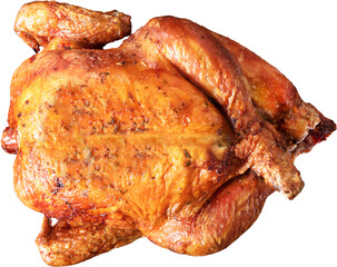 Close up and top view of roasted chicken on white background. - obrazy, fototapety, plakaty