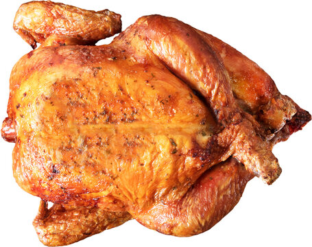 Close up and top view of roasted chicken on white background.