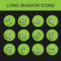 Set line Barrel oil leak, Tree, Cloud, Deforestation, stump, Glacier melting, and CO2 emissions cloud icon. Vector