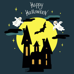 City, fabulous houses. Halloween holiday. Postcard, banner with ghosts. Lettering Happy Halloween. Vector illustration.