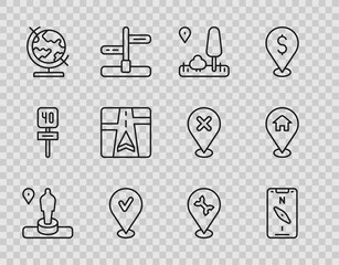 Set line Location and monument, Compass mobile, City map navigation, with check mark, Earth globe, Gps device, Car service and house icon. Vector