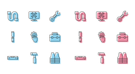 Set line Construction bubble level, Hammer, Industry pipe, Safety vest, Settings in the hand, Toolbox, Rasp metal file and Location with wrench icon. Vector
