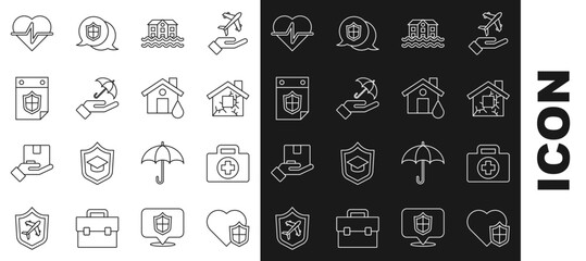 Set line Life insurance with shield, First aid kit, House, flood, Umbrella hand, Calendar, and icon. Vector