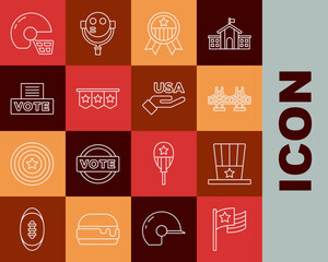 Set line American flag, Patriotic top hat, Golden gate bridge, Medal with star, Carnival garland flags, Vote box, football helmet and USA Independence day icon. Vector