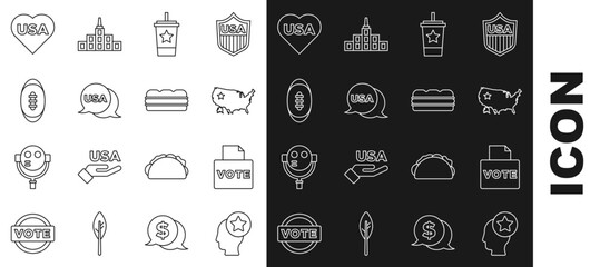 Set line USA Head, Vote box, map, Paper glass with straw, Independence day, American Football ball, and Sandwich icon. Vector