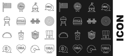 Set line USA Independence day, Patriotic American top hat, star shield, White House, Burger, Barbecue grill, flag and Golden gate bridge icon. Vector