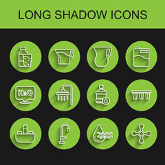 Set line Washbasin with water tap, Water, Bottle of glass, Recycle clean aqua, Shower, filter and Big bottle icon. Vector