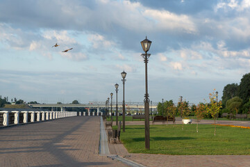 embankment of the city in autumn view of the Gomel River Belarus.