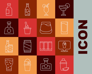 Set line Cocktail shaker with lime, Alcohol or beer bar location, Shot glass, Champagne in an ice bucket, Tequila bottle, Glass of vodka and whiskey icon. Vector