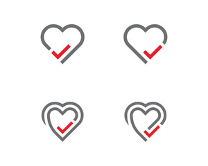 Heart Check Mark logo Concept icon sign symbol Design Element Line Art Style. Love, Health Care, Medical, Tick Logotype. Vector illustration template