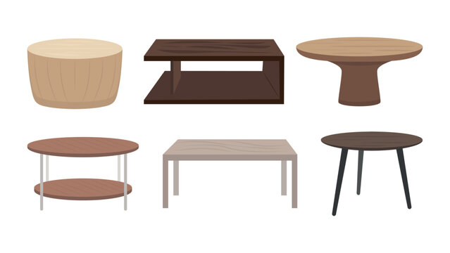 Set of wooden tables in cartoon style. Vector illustration of round and square coffee tables for home interiors on white background.
