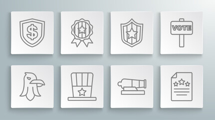 Set line Eagle, Medal with star, Patriotic American top hat, Cannon, Declaration of independence, Shield stars, Vote and dollar icon. Vector