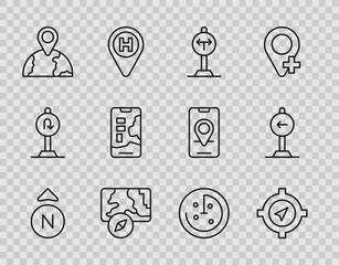 Set line Compass, Fork in the road, City map navigation, Location globe, Radar with targets monitor and Traffic sign turn left icon. Vector