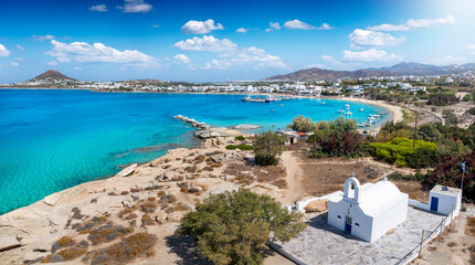 Panoramic view to the bay, beach and church of Agia Anna, Naxos island, Cyclades, Greece, with turquoise sea during summer time - obrazy, fototapety, plakaty