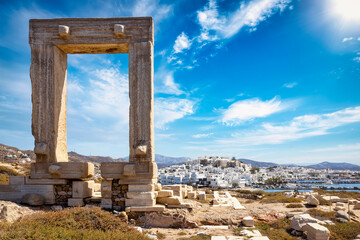The famous gate of Naxos island, so called Portara from the temple of Apollon, in front of the...