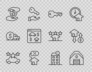 Set line Car sharing, Garage, House key, with percant, shield, Online real estate, and dollar icon. Vector