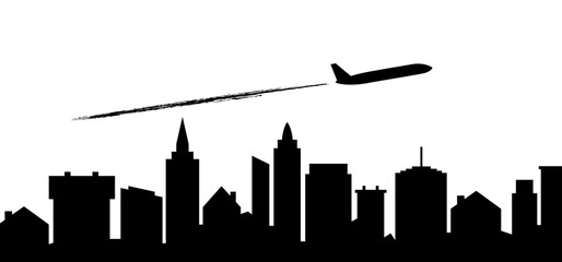 Naklejka premium City sky ans Soaring air plane line path. Take Off airplane, flight route with start point. Vector aircraft sign. Vacation, holliday to town. Tourism. Route Concept. Cartoon urban landscape.