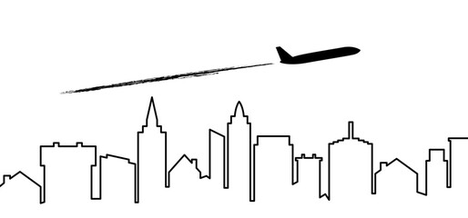 Obraz premium City sky ans Soaring air plane line path. Take Off airplane, flight route with start point. Vector aircraft sign. Vacation, holliday to town. Tourism. Route Concept. Cartoon urban landscape.