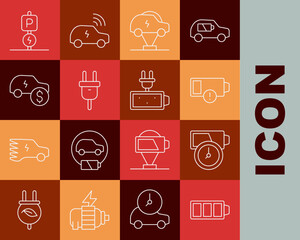 Set line Battery charge, Low battery, Electric car, plug, price, Charging parking electric and icon. Vector