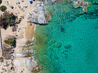 Aerial top view of the beautiful beach at Agia Anna with emerald sea and fine, sandy beach, Naxos...