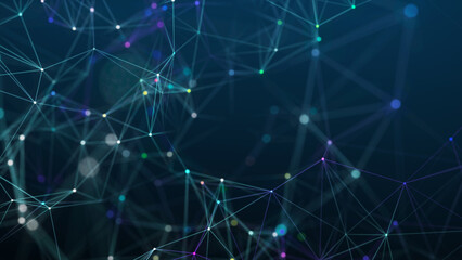 Visualization of big data. The concept of network connectivity . Abstract blue background with lines and dots of different colors. 3D rendering.