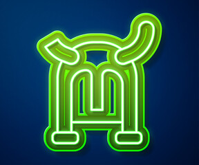 Glowing neon line Viking in horned helmet icon isolated on blue background. Vector
