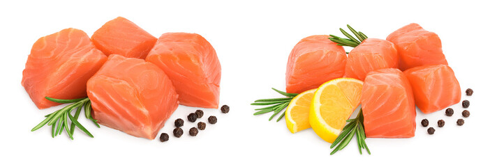 Fototapeta premium raw salmon piece cube with rosemary and peppercorn isolated on white background close up