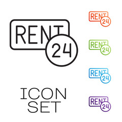 Black line Hanging sign with text Rent icon isolated on white background. Signboard with text For Rent. Set icons colorful. Vector