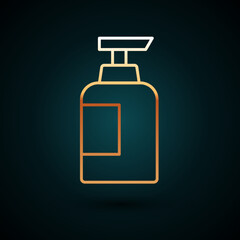 Gold line Bottle of shampoo icon isolated on dark blue background. Vector