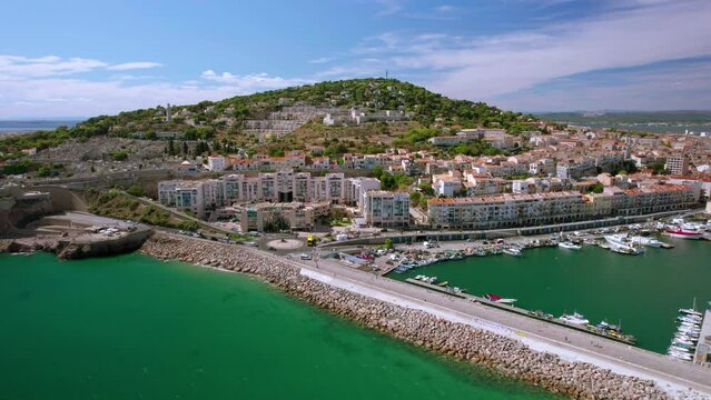The drone aerial footage of the old town center of Sete in the South of France. Sète (Seta in Occitan) is a city in Languedoc-Roussillon in southern France.