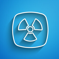 White line Radioactive icon isolated on blue background. Radioactive toxic symbol. Radiation hazard sign. Long shadow. Vector