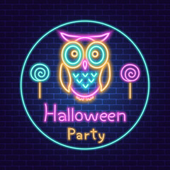Halloween party neon sign with owl vector illustration