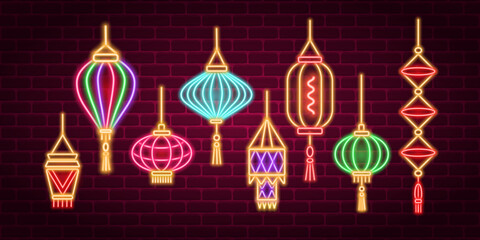 Fototapeta na wymiar Stock vector Chinese lantern neon icon set vector illustration