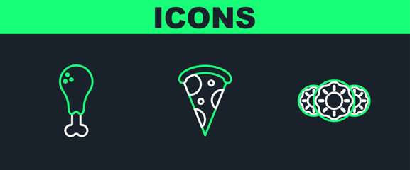 Set line Donut with sweet glaze, Chicken leg and Slice of pizza icon. Vector