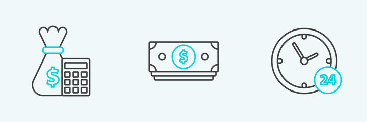 Set line Clock 24 hours, Calculator with money bag and Stacks paper cash icon. Vector