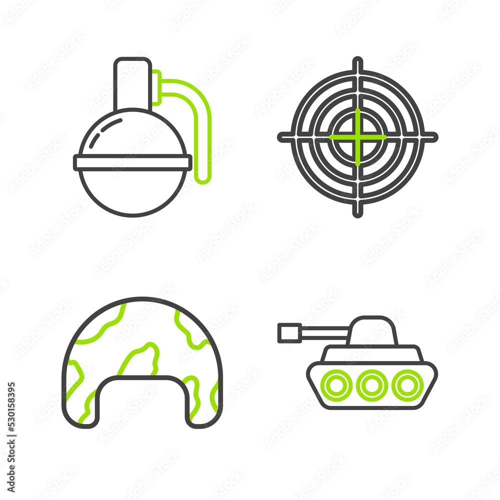 Sticker Set line Military tank, helmet, Target sport for shooting competition and Hand grenade icon. Vector