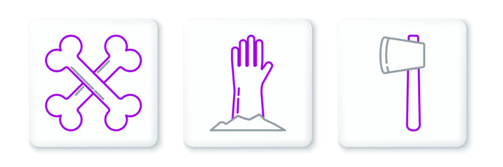 Set line Wooden axe, Crossed bones and Zombie hand icon. Vector