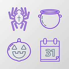 Set line Calendar with Halloween date 31 october, Pumpkin, witch cauldron and Spider icon. Vector