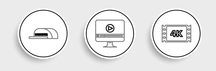 Set line 4k movie, tape, frame, Cap with inscription director and Online play video icon. Vector