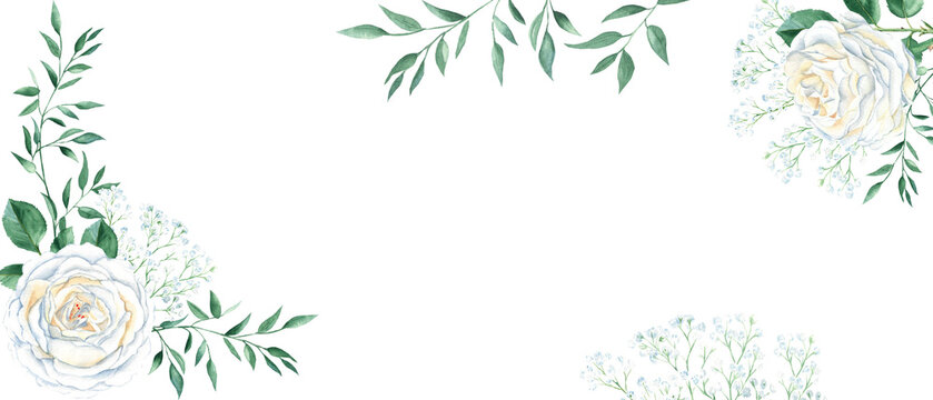 Rustic wedding watercolor banner. White creamy roses, gypsophila, greenery isolated on white background. Floral design frame. Can be used for cards, banners, blog templates. © Tatiana